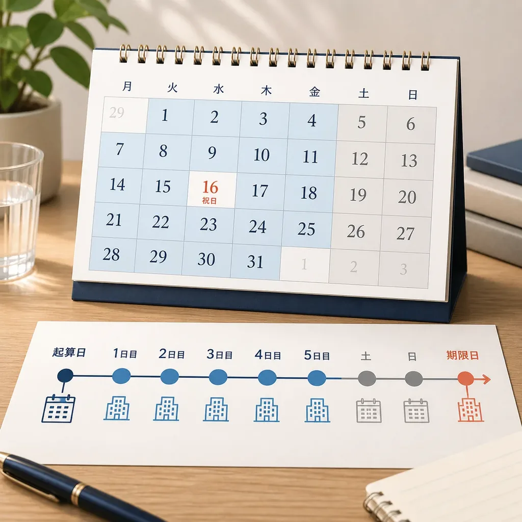 平日を5日数えて土日と祝日を除く営業日期限のイメージ