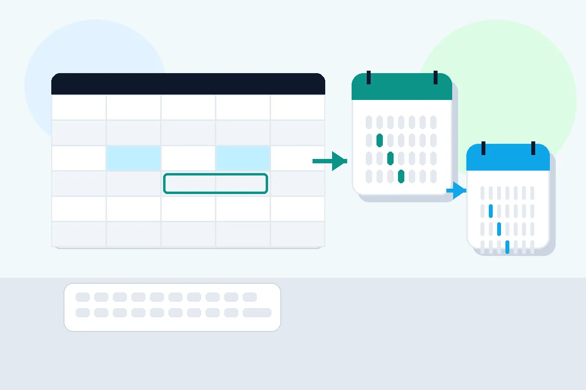 Editorial illustration of an abstract spreadsheet and two calendars connected by a date-difference arrow