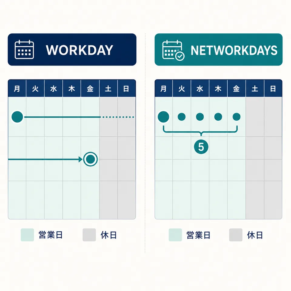 WORKDAYは目標日を求めNETWORKDAYSは営業日数を数える違いを示す図